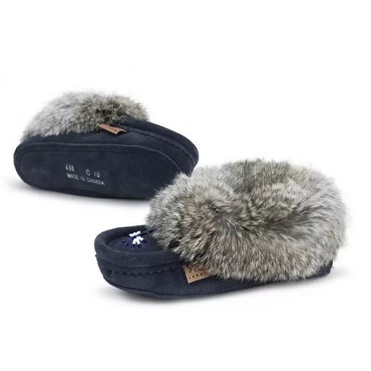 LAURENTIAN CHIEF MOCASSINS FUR TRIM, BEADED, PADDED SOLE - NAVY/CORK MOOSE HIDE