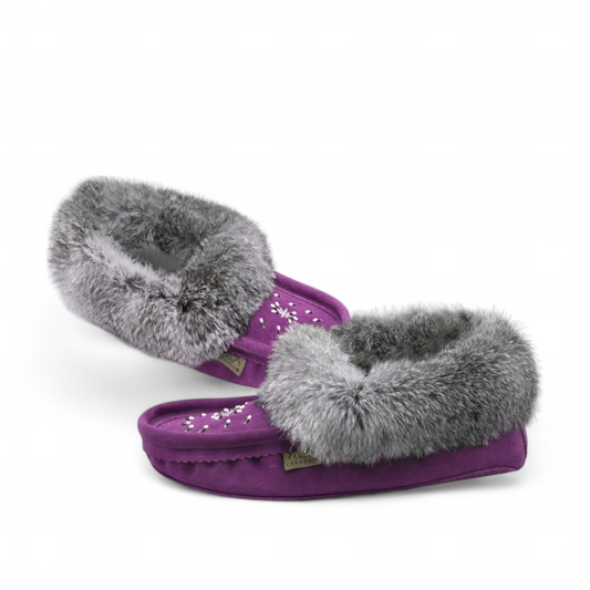 LAURENTIAN CHIEF MOCASSINS FUR TRIM, BEADED, PADDED SOLE  - VIOLET